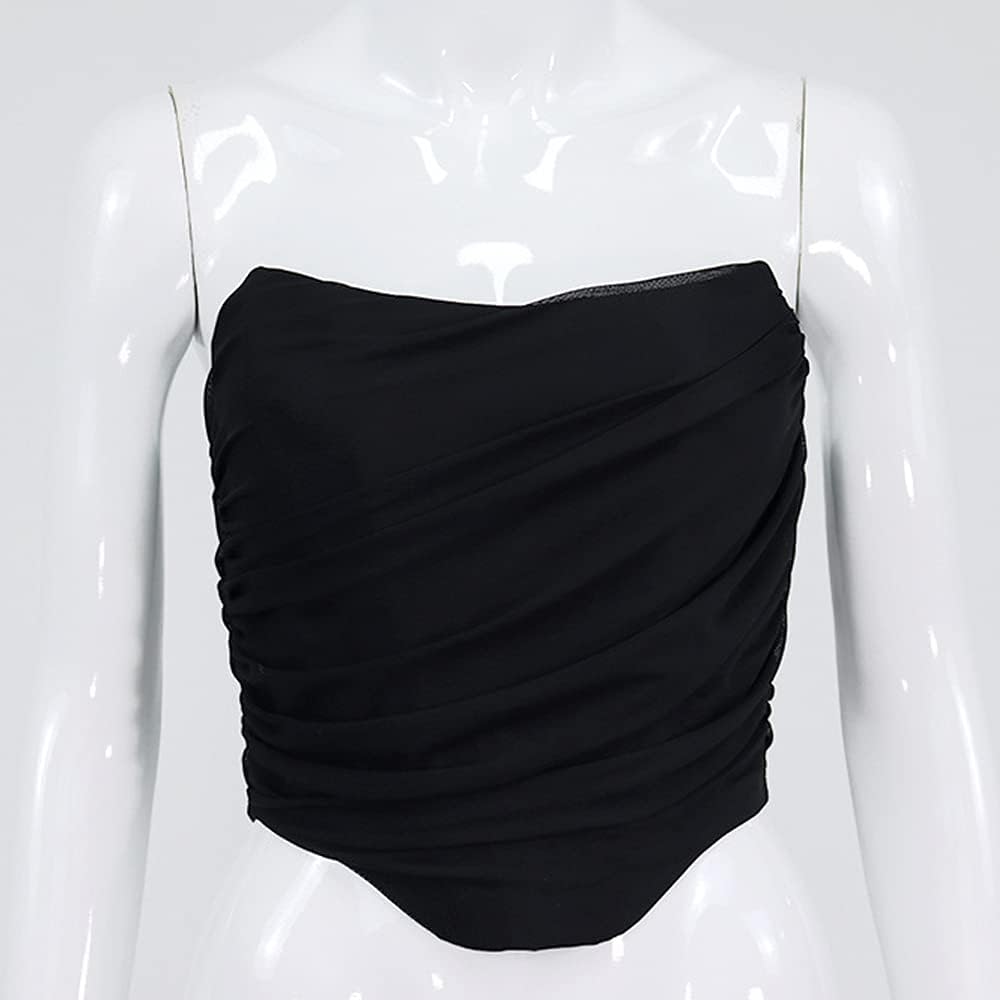 Arjungo Women's Sexy Strapless Boned Mesh Open Back Bustier Zip Up Corset Bodyshaper Crop Top