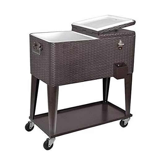 Clevr 80 Quart Qt Rolling Cooler Ice Chest Cart for Outdoor Patio Deck Party, Dark Brown Wicker Faux Rattan Tub Trolley, Portable Backyard Party Drink Beverage Bar, Wheels with Shelf & Bottle Opener
