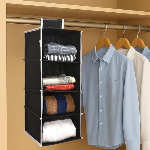 JoyeCrafts Hanging Closet Organiser with 4 Shelves, Black, Wardrobe Storage for Clothes and Accessories