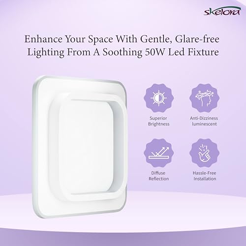 Image of Premium 50W LED Ceiling Light | 3 Color Modes (Warm, Natural, Cool) - Flicker-Free, Anti-Glare |Bedroom, Office, Kitchen, Bathroom, Balcony & Walkway (Square White 50W)