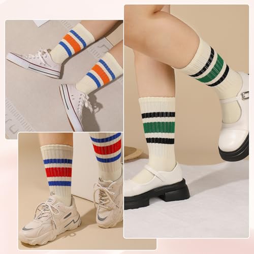 Meng Jiaran 4 Pairs Crew Sport Socks Women Striped Crew Socks 5.5-9 Retro Athletic Socks Casual Cotton Socks for Women