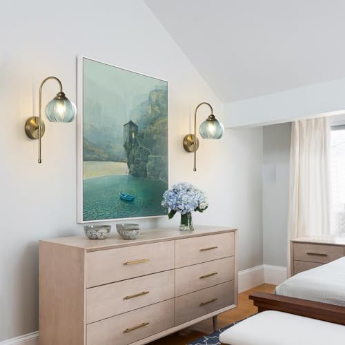 Image of KCO Lighting Brushed Gold Wall Sconce Light Set of 2 Vintage Green Glass Wall Sconce Modern Globe Bathroom Vanity Light Fixture for Stair Corner Hallway