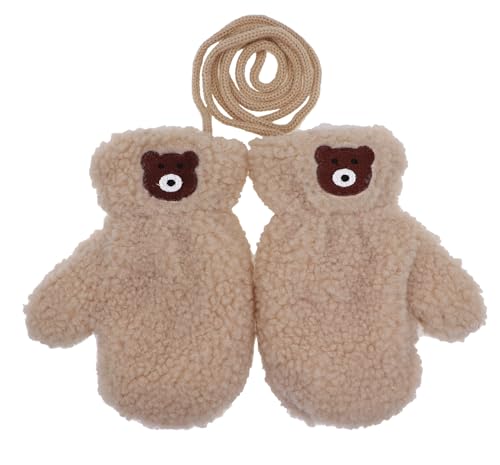Little Boys Girls Bear Winter Warm Plush Mittens with String Kids Baby Soft Thick Fleece Lined Gloves