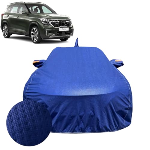 Image of Car Cover Compatible For Kia Seltos (2019-2025) | 100% Waterproof Cover with Antenna & REFLECTIVE Mirror Pockets | Dustproof, Scratchproof, Heatproof Seltos Car Cover|Soft Cotton Lining| BLUE