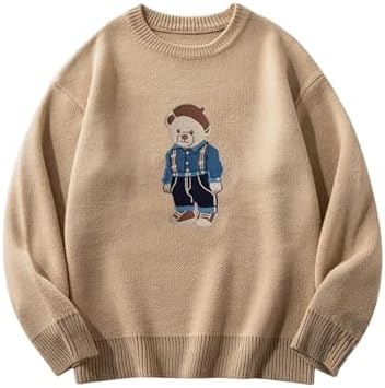 SHENHE Men's Oversized Crew Neck Cute Bear Sweater Vintage Unisex Preppy Graphic Sweater Jumper