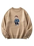 SHENHE Men's Oversized Crew Neck Cute Bear Sweater Vintage Unisex Preppy Graphic Sweater Jumper Khaki Small