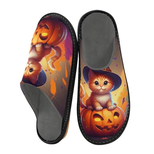 JUMBEAR Pantuflas de espuma viscoelástica con diseño de gato de Halloween, suela antideslizante, para dormitorio, casa, para mujeres y hombres, talla 25, a, 3X-Large