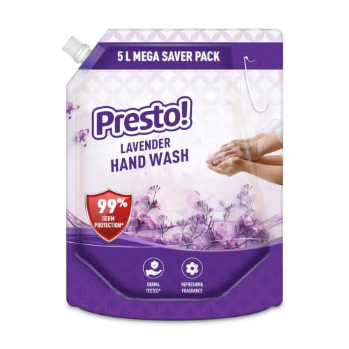 Image of Amazon Brand - Presto! Lavender Liquid Handwash 5L | Kills 99% Germs | pH Balanced, Gentle on Skin | No Added Parabens & Triclosan | Moisturising Formula