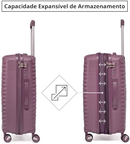 Mala De Viagem Média 23Kg Expansível Polipropileno Rodas Duplas 360 Fibra Rígida Leve Resistente Para Despachar (ROXO, médio)