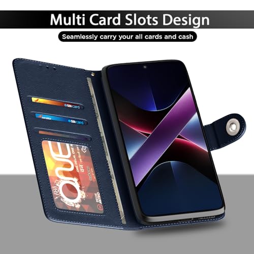 Image of Pikkme Flip Cover Leather Finish | Inside TPU with Card Pockets | Wallet Stand and Shock Proof | Complete Protection Button Flip Case for Poco X7 Pro 5G(Blue)