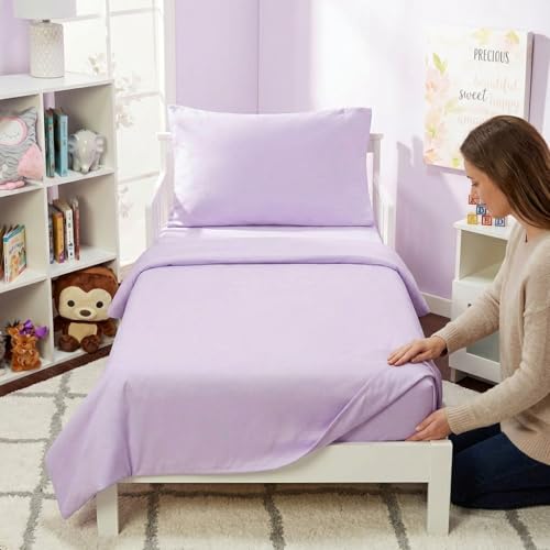 Image of EVERYDAY KIDS 4 Piece Toddler Bedding Set - Includes Comforter, Flat Sheet, Fitted Sheet and Pillowcase - Solid Purple