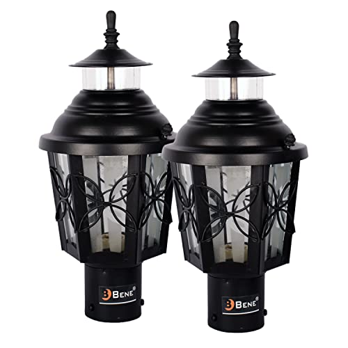 Image of BENE Lily Garden Lamp, Antique Wall Lights for Outdoor Vintage Decor, Decorative Lamp for Patio, Entryway, Steel and Glass Terrace Light with B22 Holder & Base Stand, 15cm Dia, Black, Pack of 2