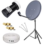 HB-DIGITAL Sat-Komplett-Set: Mini Sat Anlage 40cm Schüssel Anthrazit + LNB 0,1 + 10m Kabel + Stahl Stativ 150cm für HDTV geeignet
