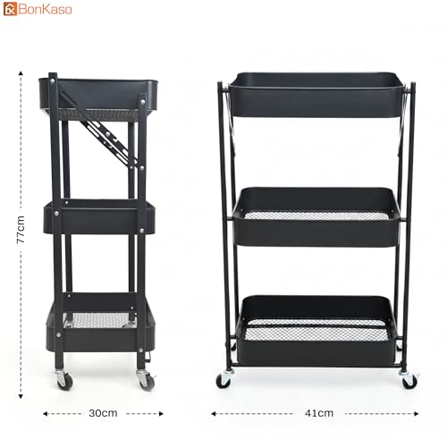 Image of Bonkaso 3 Tier Foldable Utility Cart with Wheels | Heavy-Duty Metal Storage Trolley for Kitchen, Bathroom & Office | Rolling Organizer Rack with 360 Swivel Wheels | 41x30x77 cm (Black)