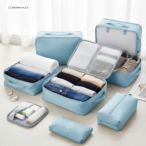 Image of BRAND VILLA 7 Pcs Travel Organizer Set Packing Cubes Luggage Organizer Bags with Shoe Bag, Laundry Pouch & Toiletry Bag for Clothes, Shoes, Accessories, Lightweight Travel Storage for Suitcase (Blue)