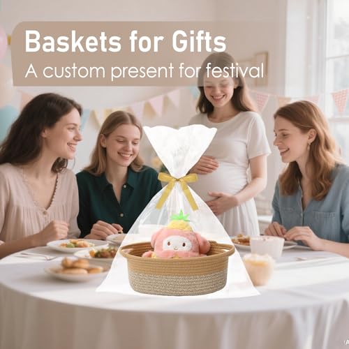 Image of JMvicyroam Small Woven Basket, Empty Gift Basket, Jute&Brown /1 Pack | Small Gift Basket, Cotton Rope, 12 x 8 x 75 in, Handles, Includes Ribbon and Bag, Birthday Gift Basket