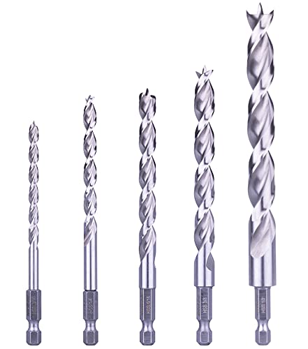 Nordwolf 5-Piece Hss Brad Point Wood Drill Bit Set For Hard & Laminated Wood, With 1/4" Hex Shank For Quick Chucks & Impact Drivers, Sae Sizes 3/16"-1/4"-5/16"-3/8"-1/2" #TOP23
