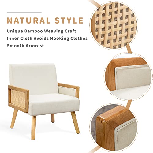 Mellcom Mid Century Modern Accent Chair, Upholstered Chairs With Bamboo Knitting And Solid Wood Legs, Comfy Linen Fabric Armchair For Club, Living Room, Reading Room, Bedroom,Beige-26.4''W #TOP4