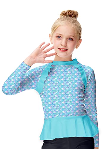 Girls Mermaid Swim Shirt Spf Rash Guard Quick Dry Long Sleeve Floral Print Beach Swim Tops Aqua 5-6 Years #TOP17