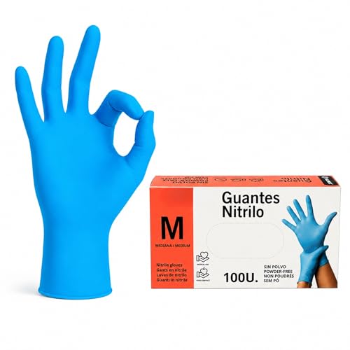 Guantes nitrilo desechables quirurgicos, alimentación, taller, industria y montaje, 100% Libres de Latex, polvo y agentes alergénicos, Diseño Ambidiestro, Un solo uso, Pack 100 unidades, Talla M, azul