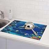 Abtropfmatte für Küchentheke, 45,7 x 61 cm, saugfähige Mikrofaser, große Abtropfmatte, Unterwasserwelt, Fische, Delphi, wendbar, waschbar, Geschirrmatten für Zuhause, Küche, Esszimmer, Büro