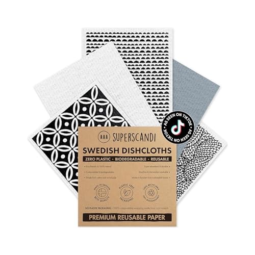 SUPERSCANDI schwedische Geschirrtücher 5-Pack 100% Biologisch Abbaubar & Kompostierbar | Wiederverwendbare & Lebensmittelsichere Spültücher | Für Jede Oberfläche Geeignete Spüllappen | Artdeco Weiß