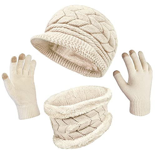 Image of 3-Pieces Winter Hat Gloves Scarf Set, Knit Warm Beanie Hat Neck Warmer Touch Screen Mittens for Women