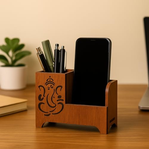 Image of DivineCraftedArt Handcrafted Wooden Pen Holder & Mobile Stand | Desk Organizer for Office, Home & Study Table | Pen Pencil Stand with Card Holder (6.75x3.75x2.5 Inch) (Blessing Ganesha)