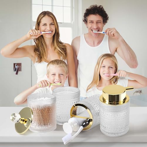 DASITON Bathroom Accessories Set,4Pcs Glass Bathroom Counter Set with Foaming Soap Dispenser,Toothbrush Holder,Bathroom Tumbler,Cotton Swab Jars, for Vanity Bathroom Decor(Clear A) - Image 3