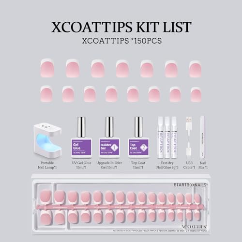 BTArtboxnails XCOATTIPS French Tips Nails - Extra Short Square Nail Tips with Nail Gel, French Protecing Duo, Nail Lamp, All in One Soft Gel French Tip Press on Nails Gel Extension