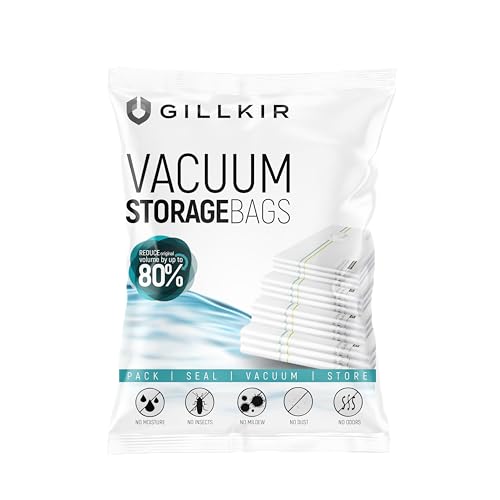 GILLKIR Vacuum Storage Bags - Assorted 6-Pack Including 3 Large & 3 Medium Compression Vacuum Bags for Clothes, Bedding - Durable, Reusable & Space-Saving Clear Zip Bags for Travel, Moving & Packing
