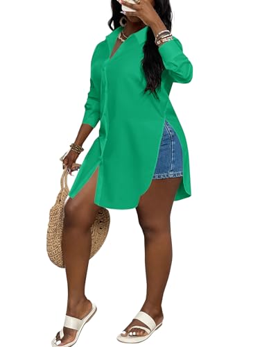 Image of LYANER Women's Collar Neck Long Sleeve Button Down Shirts Sexy Split Hem Tops Long Blouse Shirt Dress
