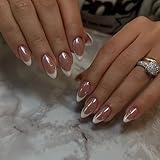 30 Pcs Chrome Press on Nails - French Tip False Nails - 24pcs Medium Almond Press On - Fake With Glue - Acrylic Glossy Nude With White Tips Designs - Full Cover Glue On