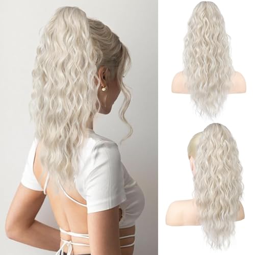 REECHO Ponytail Extension, 18 Inch Curly Claw Pony Tails Hair Extensions Clip in Ponytail Hair Extensions Natural Synthetic Hairpiece for Women Everyday Wear - Platinum Blonde