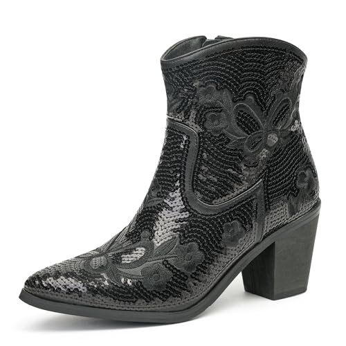 JABASIC Damen Western Stiefeletten Kurze Cowboystiefel mit Reißverschluss Spitze Stiefel（38,Black