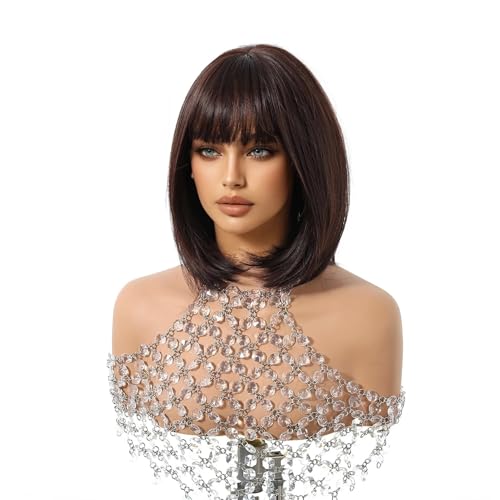 Perruque synthétique Bob marron frange lisse pour éviter les brushings difficiles
