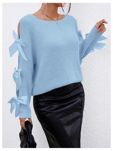 Image of Floerns Women's Cute Fall Clothes Bow Knot Cut Out Long Sleeve Ribbed Knit Pullover Sweaters Tops
