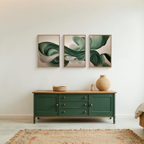 Image of KAIRNE Green Abstract Framed Canvas Wall Art Set,Minimalist Green Lines Wall Decor,Modern Flowing Texture Art Prints,Neutral Smokes Waves Artwork for Living Room,Bedroom,Farmhouse,Office-24 x36 x3