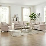 MUZZ 3PCS Sofa Set for Living Room, Linen 6 Seater Couch Set with Nailhead Trim Design, Modern Living Room Furniture Set for Office, Apartments (Sofa & Loveseat & Chair/Beige)