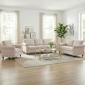 CECER 3 Piece Living Room Sofa Set, Linen Fabric Couch Set with Nailhead Trim, Modern Upholstered 6 Seat Sectional Sofa Couch for Living Room/Apartment-(Beige)