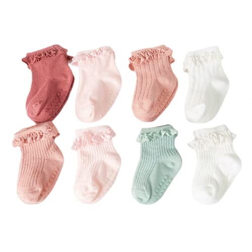 Image of JUNOAI Toddler Girls Anti Slip Socks - Non Skid Frilly Ruffle Design with Grips for Baby 0-3 Years (Pack of 8)