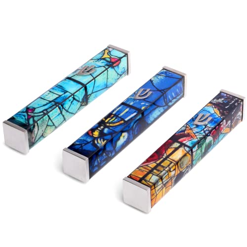 Suri Mezuzah Case With Marc Chagall Painting, 4" Aluminium Self Stick Mezuzah With Scroll For Door, Jewish Mezuza Cover For Indoor And Outdoor… (Blue) #TOP3