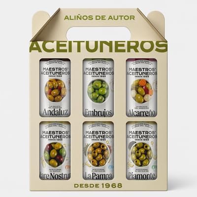 Maestros Aceituneros Pack de Aceitunas Aliñadas Gourmet – 6 Unidades – Sabores Variados