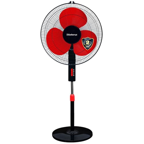 Image of Blueberry's High-Speed Oscillating Pedestal Fan, 3-Adjustable Fan Speeds, Rust Resistant Body, Adjustable Length, RPM 2200, 400-mm Sweep Length (Red)