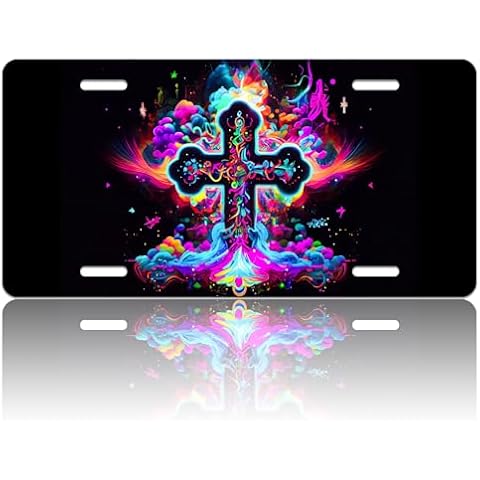 FOISIIAEA Cross with Bright Colorful Clouds License Plate Cover,License Plate for Car Decoration Aluminum Novelty Car License Plate for Women Men Gift,12.2" X 6.2" Cover