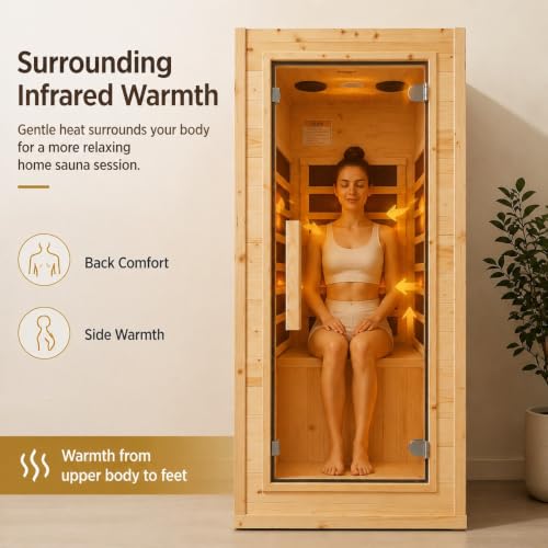 Mini Sauna 1 Person Far Infrared Sauna for Home, 4.9ft Space Saving Indoor Sauna with Front-Opening Glass Door, Natural Spruce Wood Dry Spa, 900W Rapid Warm-Up, Bluetooth, Cup Holder & LED Light - Image 4