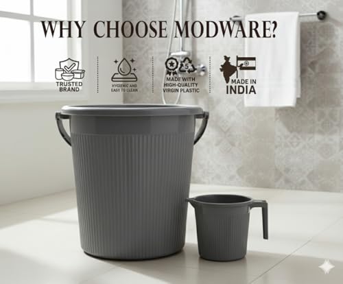 Image of MODWARE Plastic Bucket Set with Mug, 25L Bucket with 1.5L Mug, Polypropylene, Round Shape, (Grey, 25 L)