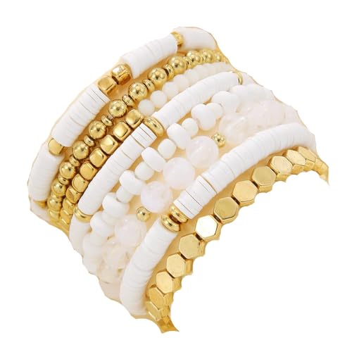 Image of Sither Heishi Clay Bead Bracelets Pack for Women Boho Friendship Stretch Bracelets Set White Gold Bracelets Jewelry for Daily Christmas Gift