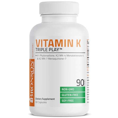 Image of Bronson Vitamin K Triple Play (Vitamin K2 MK7 / Vitamin K2 MK4 / Vitamin K1) Full Spectrum Complex Vitamin K Supplement, 90 Capsules