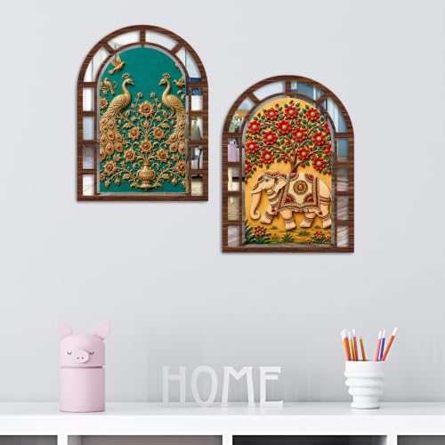 Image of Artvibes Peacock Pair & Decorative Elephant Theme Home Wall Decor | Jharokha Mirror Wall Hanging for Living Room, Hall, Bedroom, Lobby, Dining Area & Entrance | Gift (WH 12022N), Set of 2